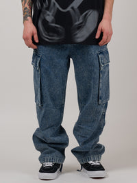 CARGO DENIM PANTS Blue Acid Wash