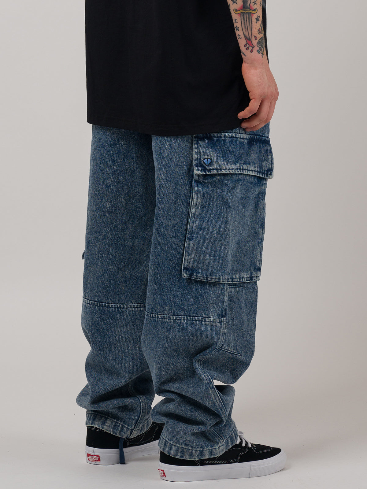 CARGO DENIM PANTS Blue Acid Wash