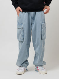 HEAVY DUTY CARGO DENIM PANTS | WHITE BLUE WASH
