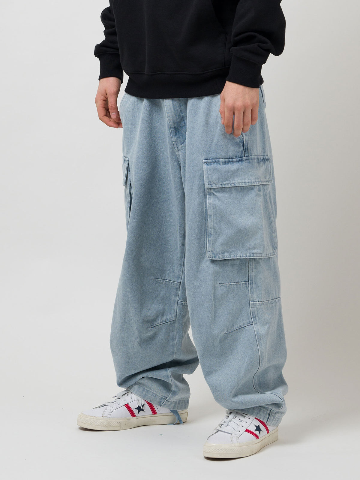 HEAVY DUTY CARGO DENIM PANTS | WHITE BLUE WASH
